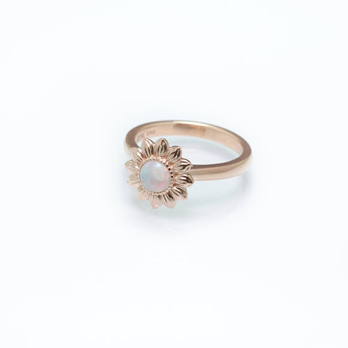 Hand Carved Flower Ring with Opal set in Rose Gold