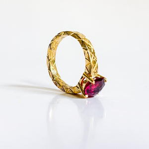 SCARLETT: 18K Yellow Gold Octagon Cut Grape Garnet Engraved Ring