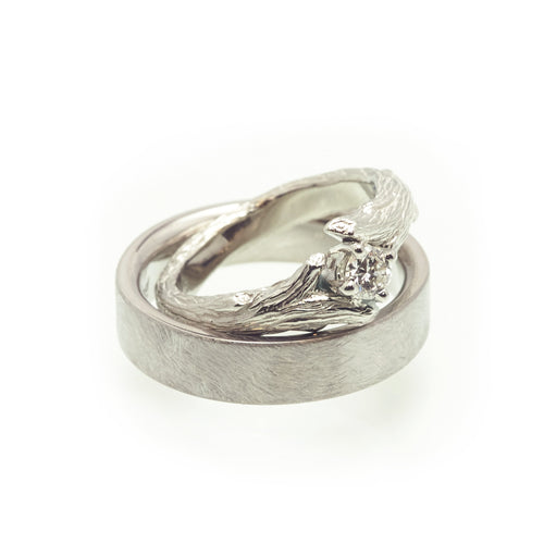 Hand Carved Twig Engagement Ring & Mens Brushed Band