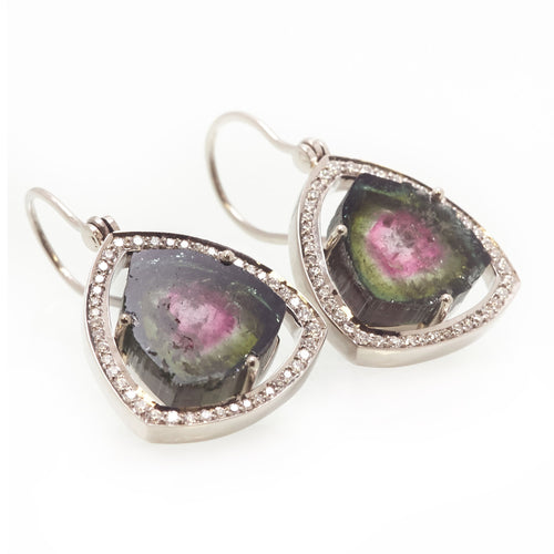 Watermelon Tourmaline Earrings with Floating Diamond Halo