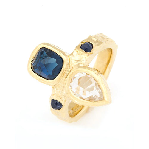 Blue and White Sapphire Ring Set in Yellow Gold