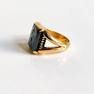 CADILLAC: Vintage Yellow Gold Hematite and Diamond Intaglio Ring