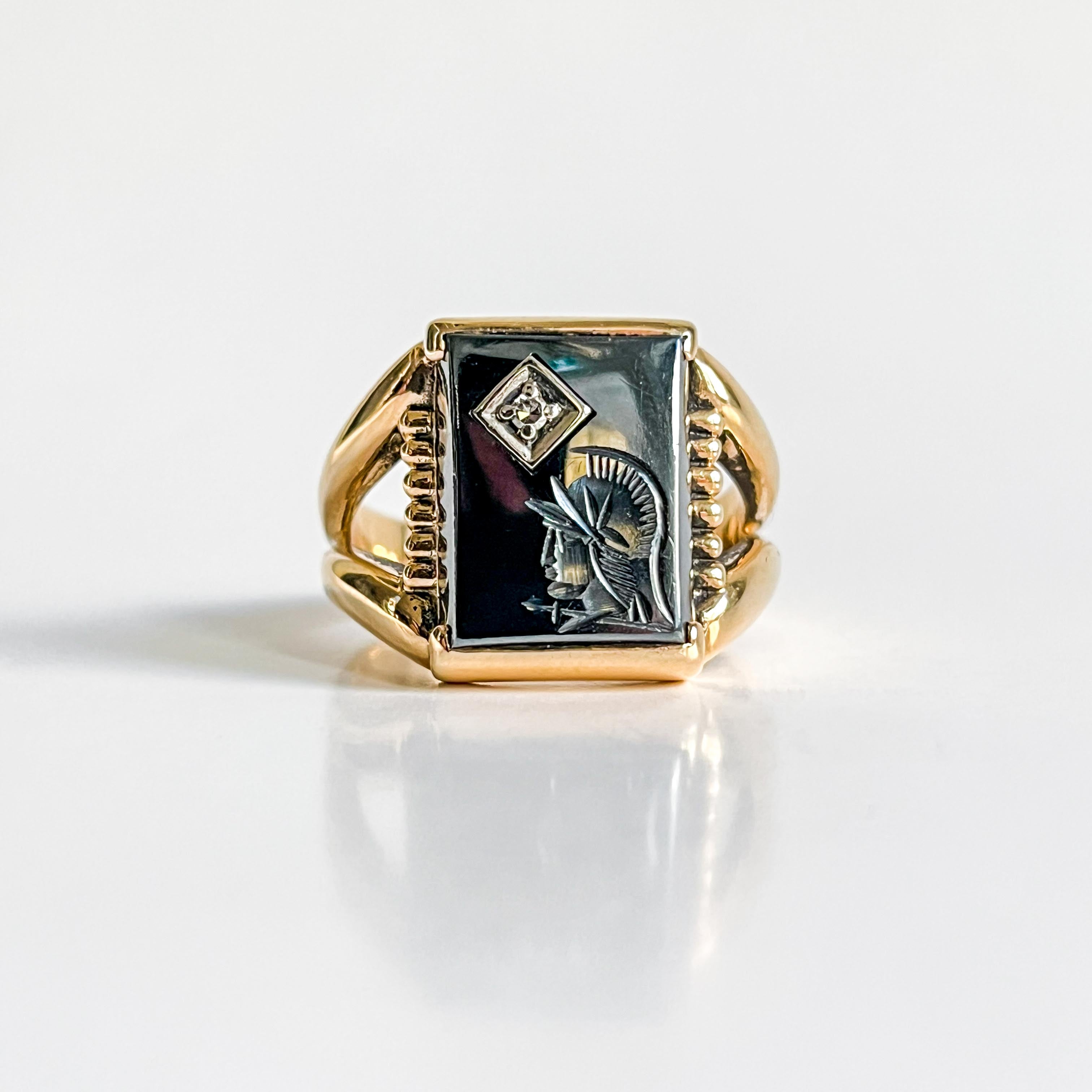 CADILLAC: Vintage Yellow Gold Hematite and Diamond Intaglio Ring