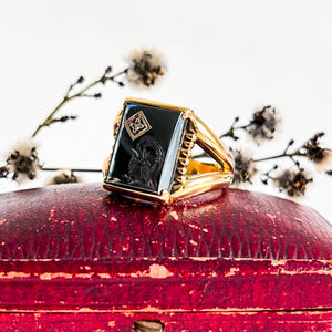 CADILLAC: Vintage Yellow Gold Hematite and Diamond Intaglio Ring