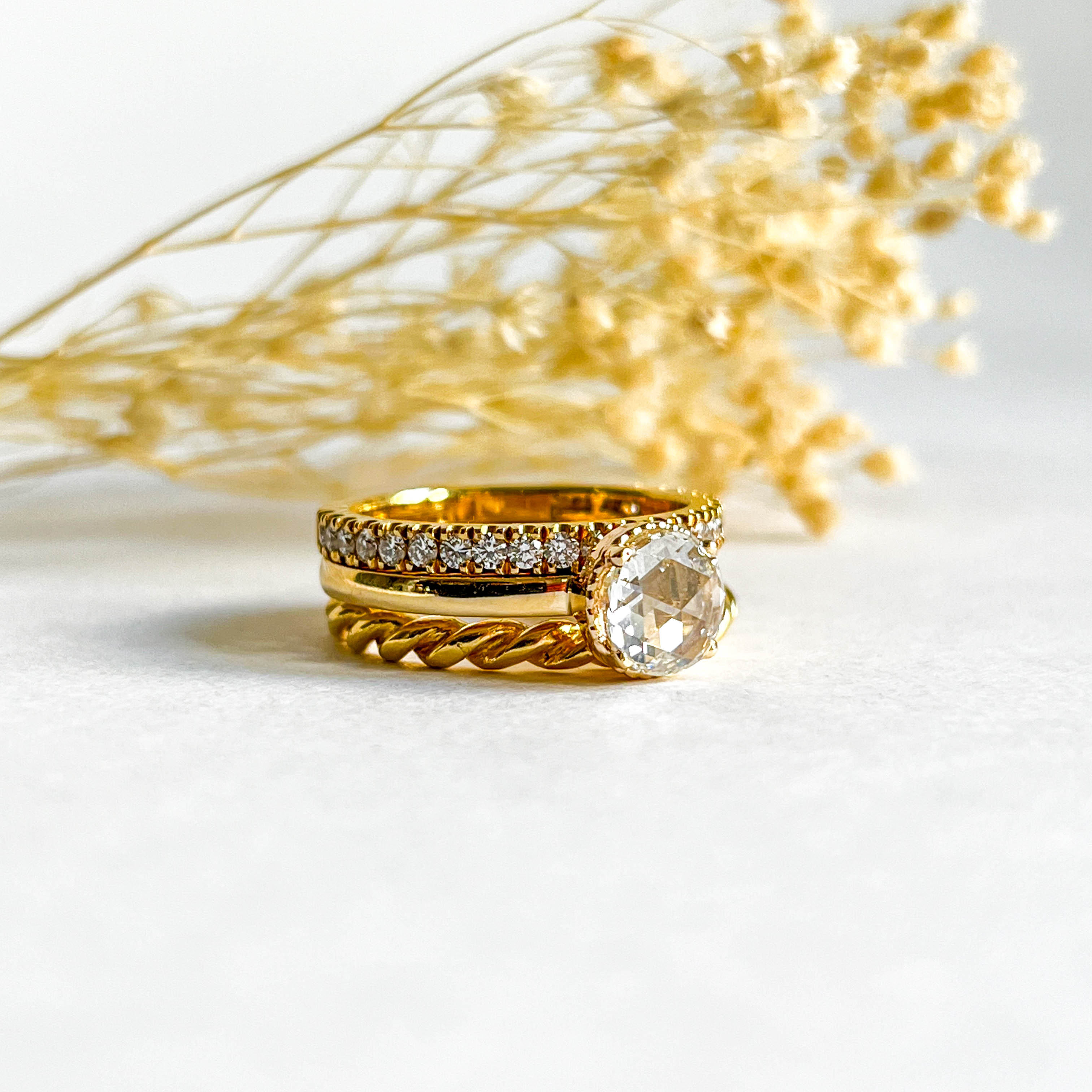 ROSIE: YELLOW GOLD ROSE CUT DIAMOND RING WITH MILLGRAINED EDGES