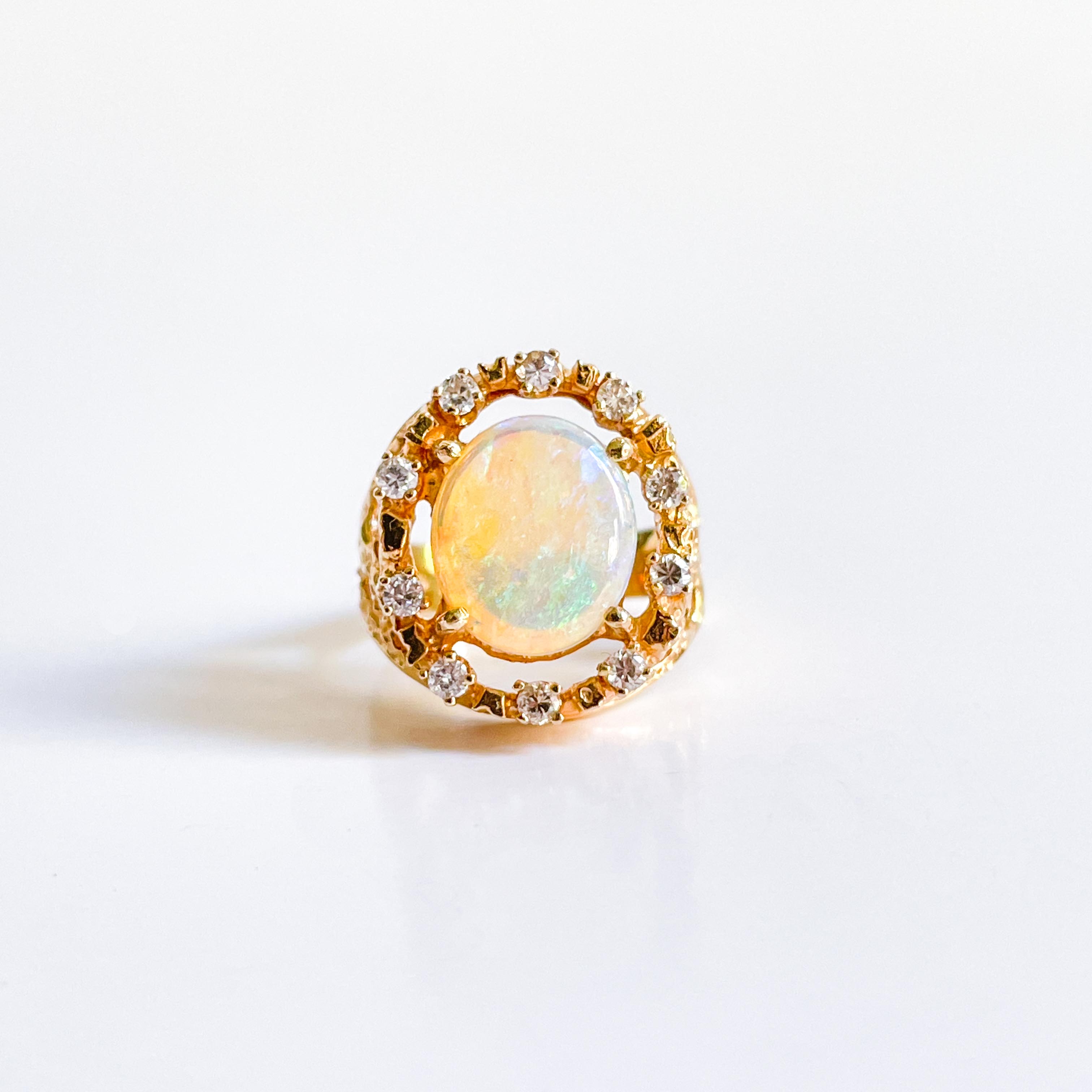 GRETCHEN: VINTAGE YELLOW GOLD OPAL AND DIAMOND RING