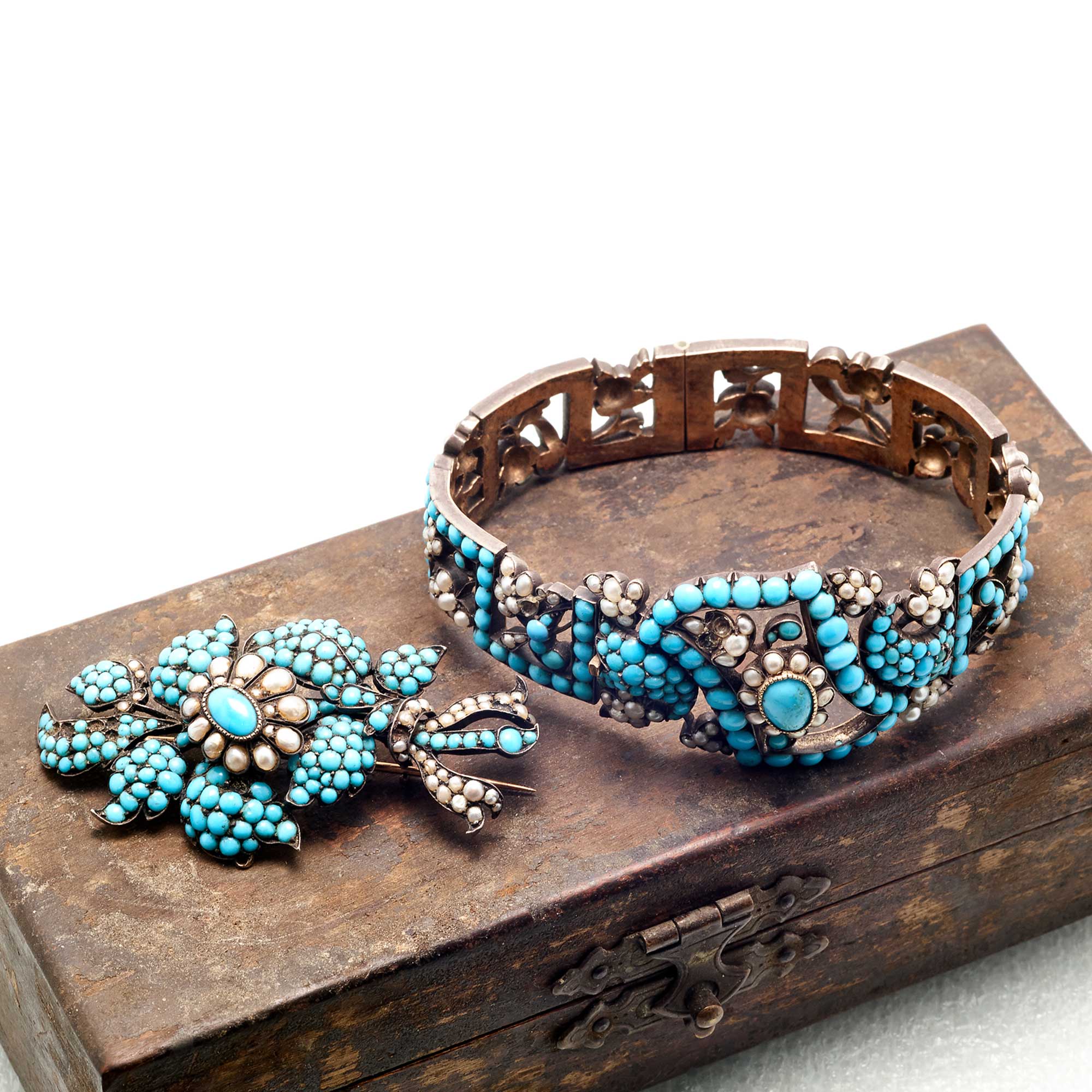 THE ATLANTIC SET: Silver Seed Pearl and Turquoise Bracelet and Brooch