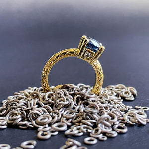 MAYA: Yellow Gold Montana Blue Sapphire and Diamond Hand Engraved Ring