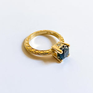 MAYA: Yellow Gold Montana Blue Sapphire and Diamond Hand Engraved Ring