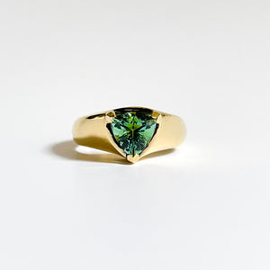 VERNA: YELLOW GOLD TRILLION CUT GREEN TOURMALINE RING