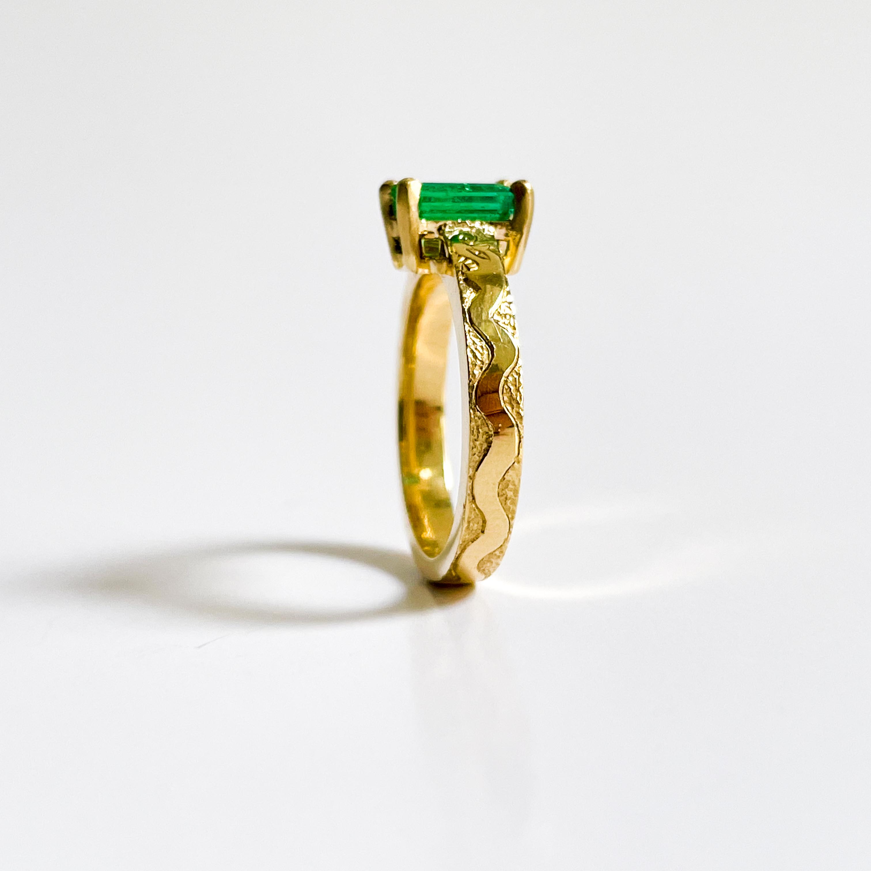 ALESSANDRA: Yellow Gold Brazilian Emerald Hand Engraved Snake Ring