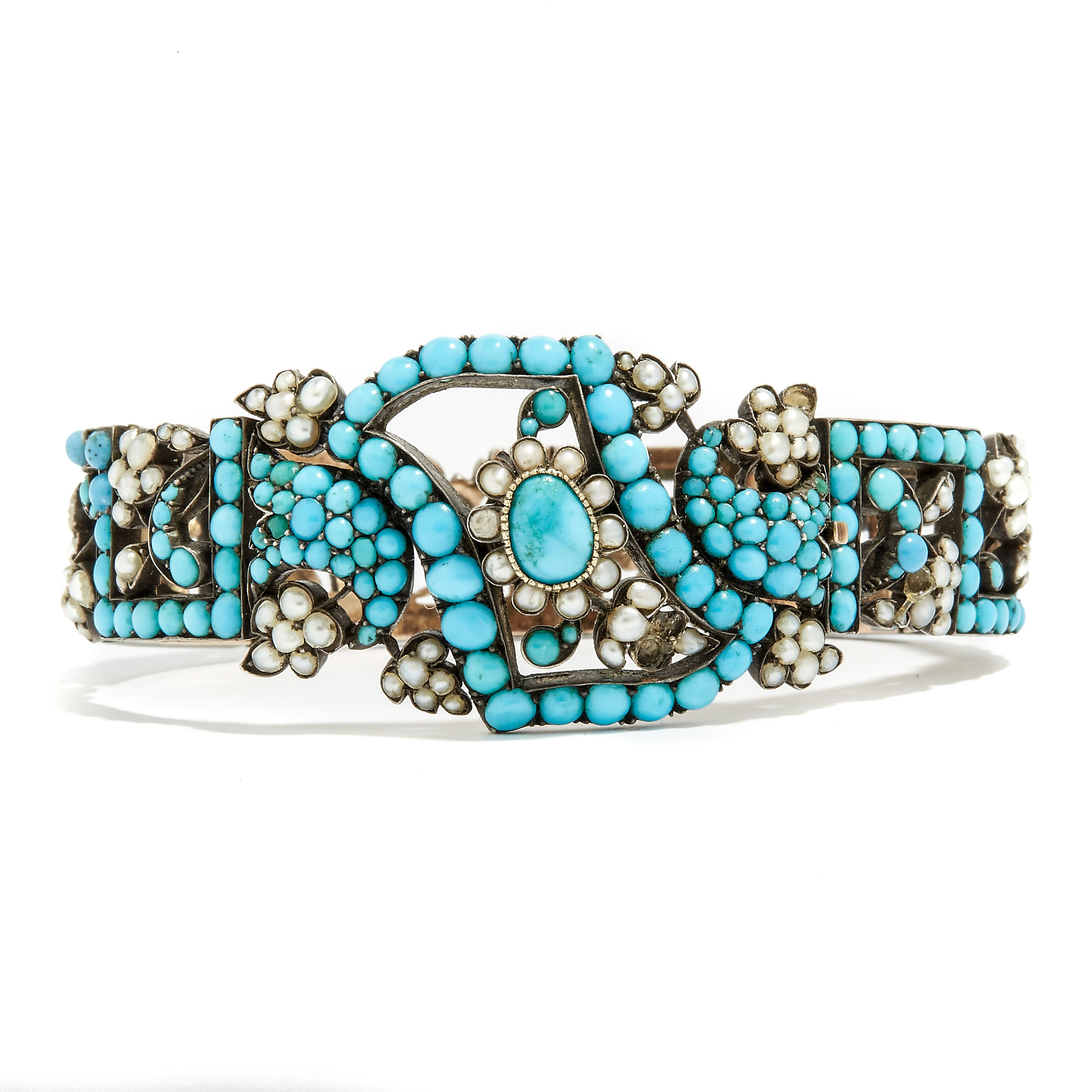 THE ATLANTIC SET: Silver Seed Pearl and Turquoise Bracelet and Brooch
