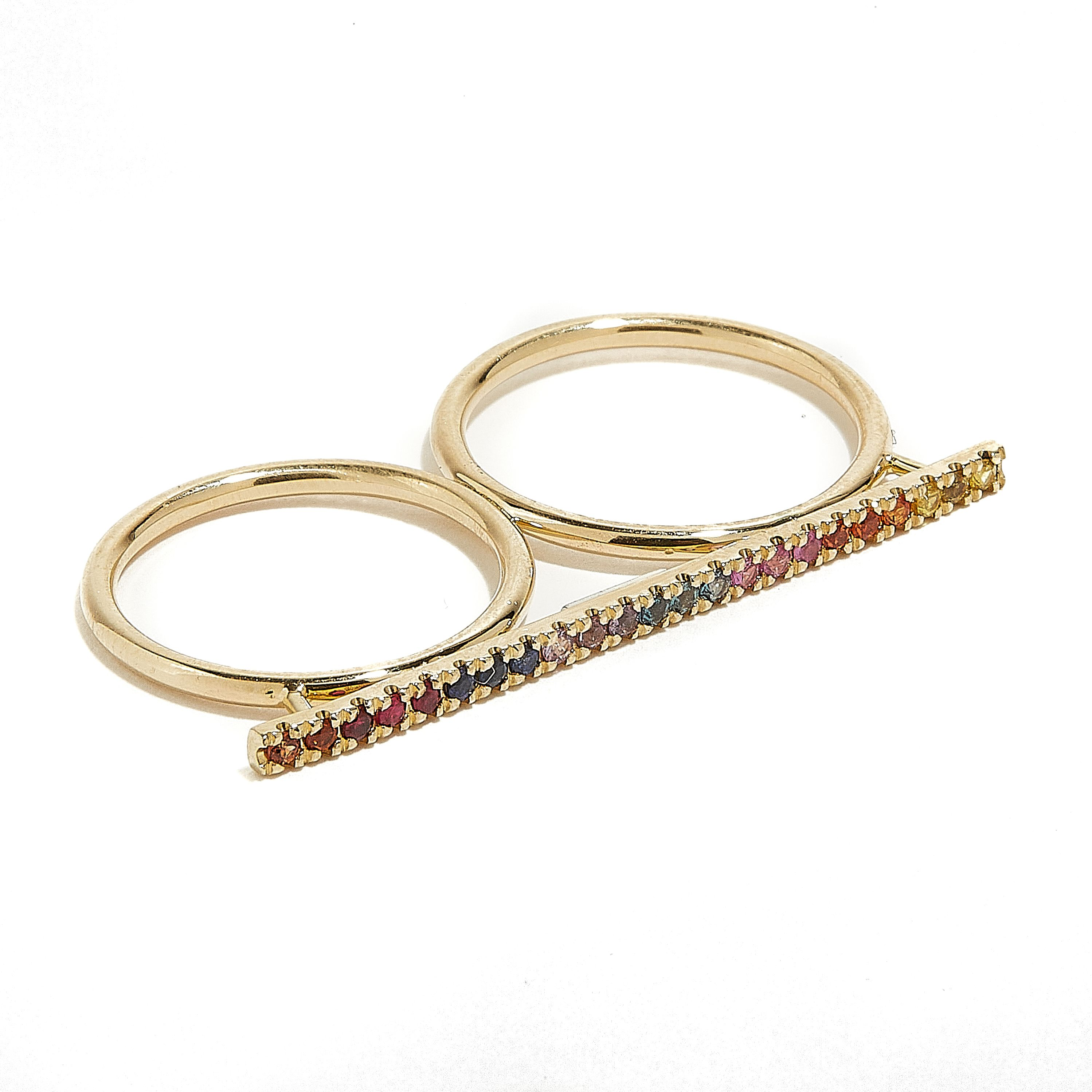 DOUBLE RAINBOW: Yellow Gold Multi-coloured Sapphire Double Finger Ring