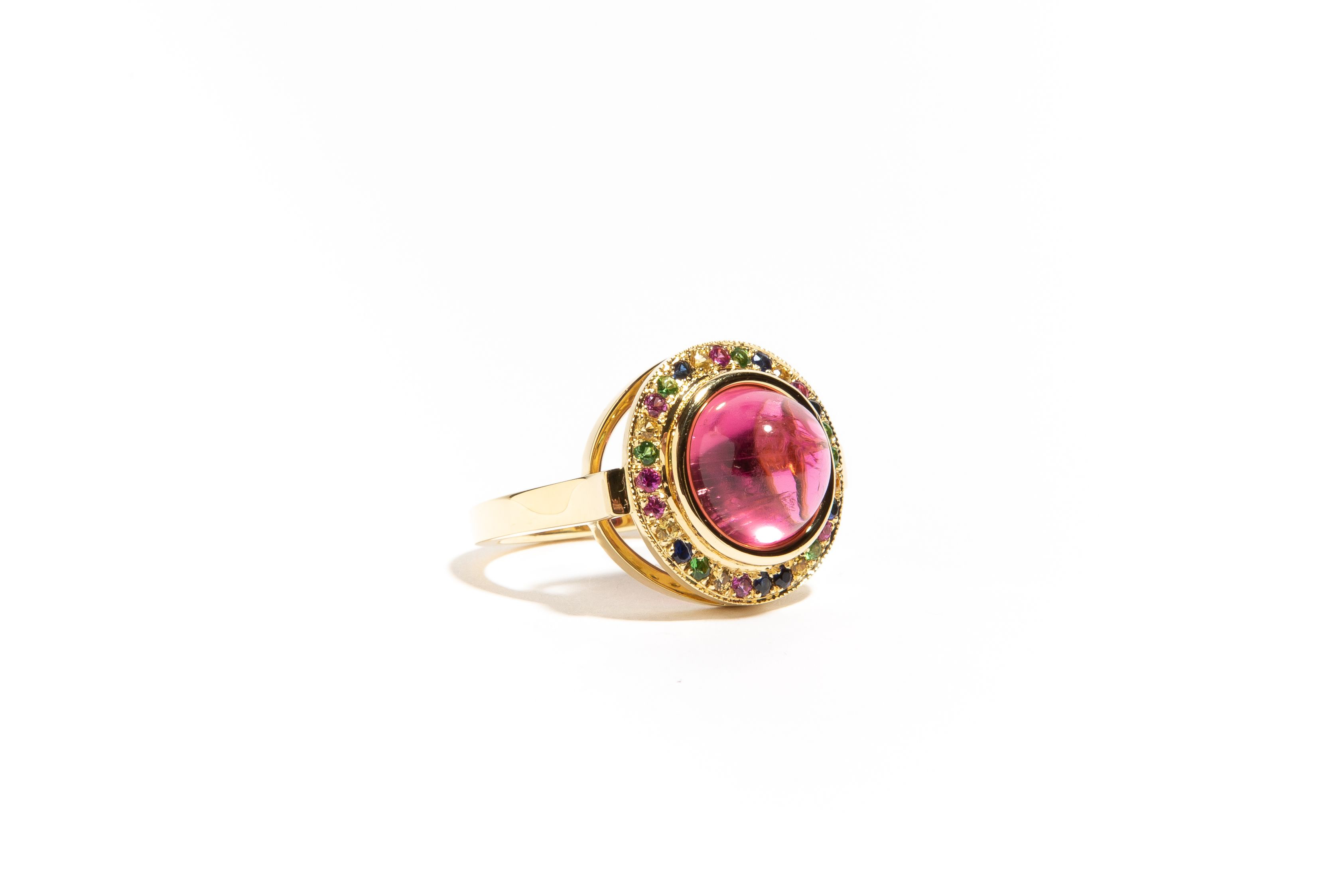 JOLLY RANCHER: Yellow Gold Pink Tourmaline and Sapphires Ring